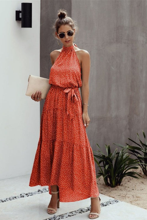 Polka Dot Halter Maxi Dress with Tie-Back & Ruffle Hem