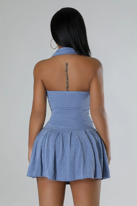 Button-Front Halter Skort Romper – Blue