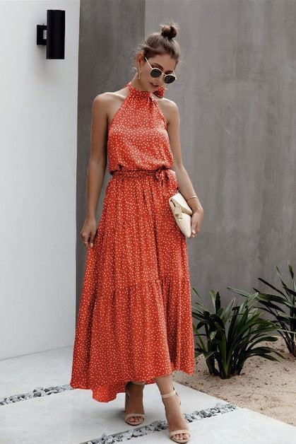 Polka Dot Halter Maxi Dress with Tie-Back & Ruffle Hem