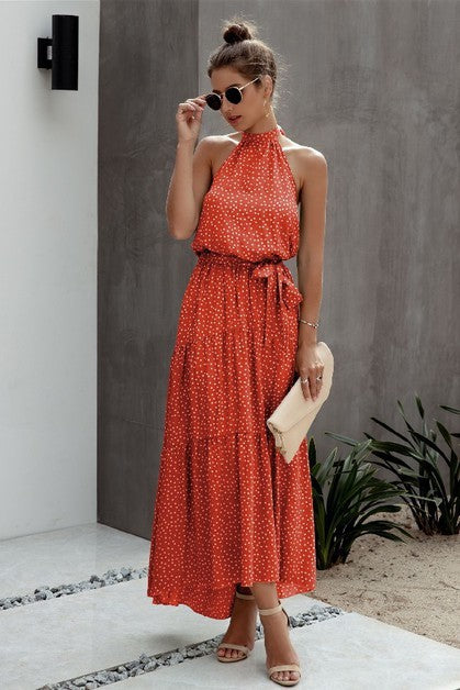 Polka Dot Halter Maxi Dress with Tie-Back & Ruffle Hem
