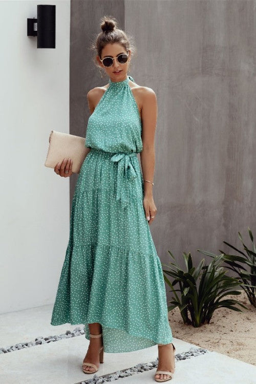 Polka Dot Halter Maxi Dress with Tie-Back & Ruffle Hem