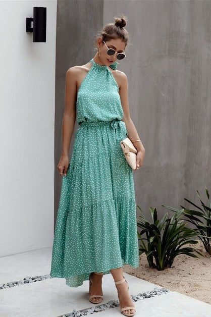 Polka Dot Halter Maxi Dress with Tie-Back & Ruffle Hem