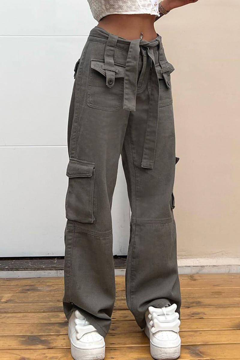 High-Waist Utility Cargo Jeans with Belt