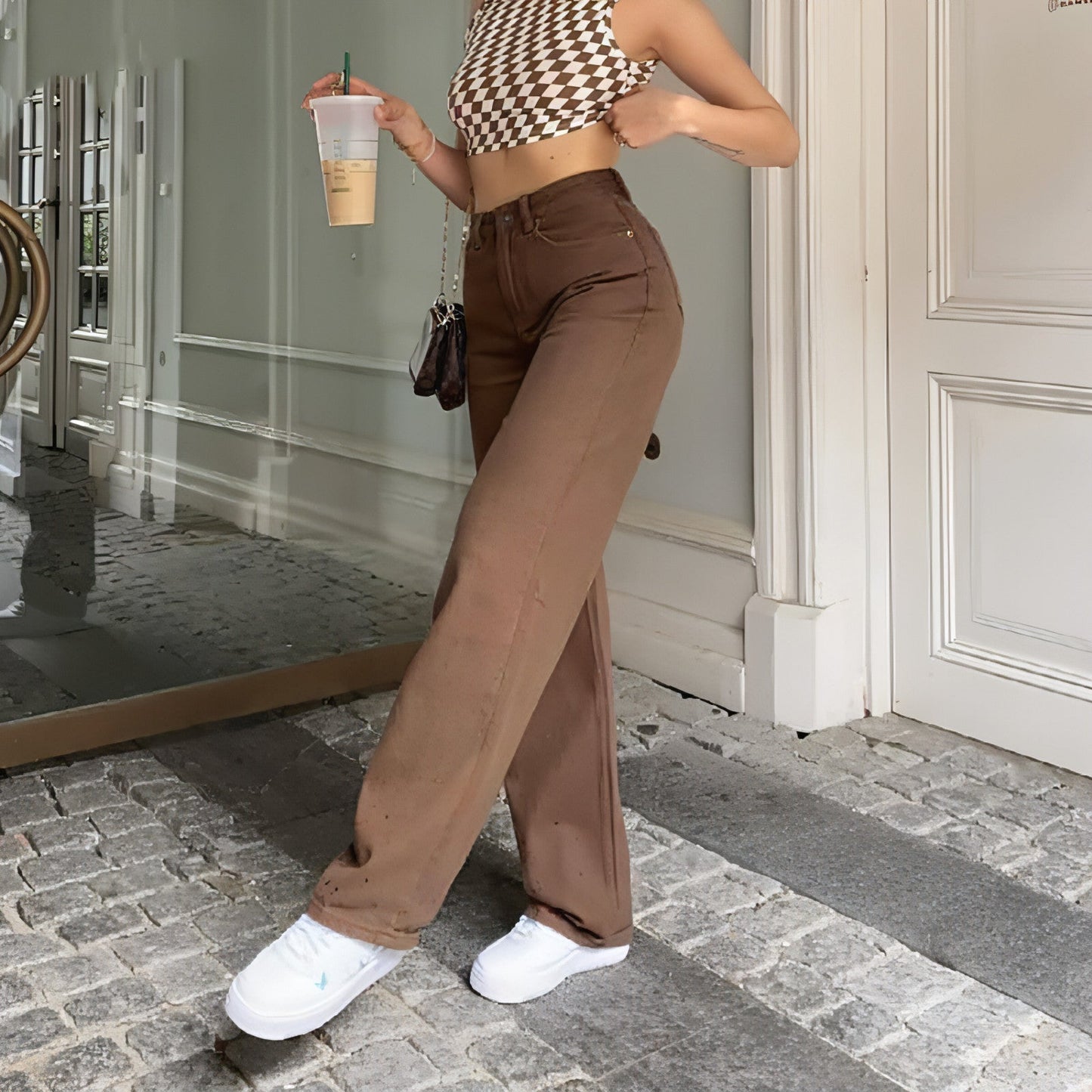 Retro American High-Waist Brown Straight-Leg Jeans