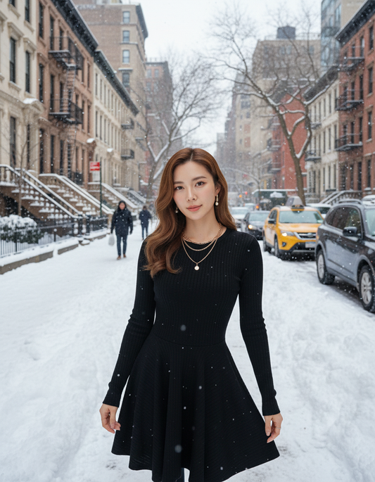 Velana A-Line High Waist Long Sleeve Midi Dress – Black