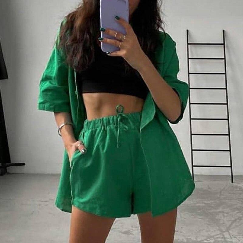 Green Casual Two-Piece Shorts Set – Relaxed Streetwear