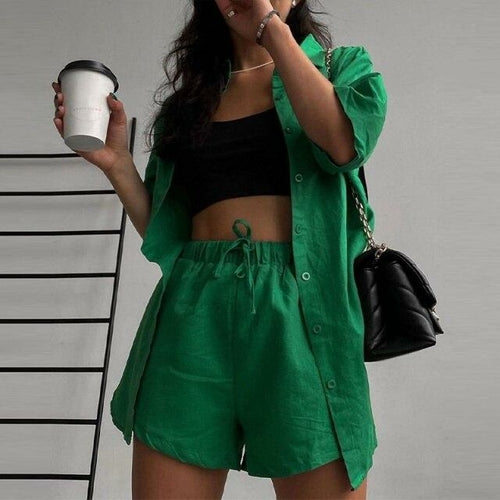 Green Casual Two-Piece Shorts Set – Relaxed Streetwear