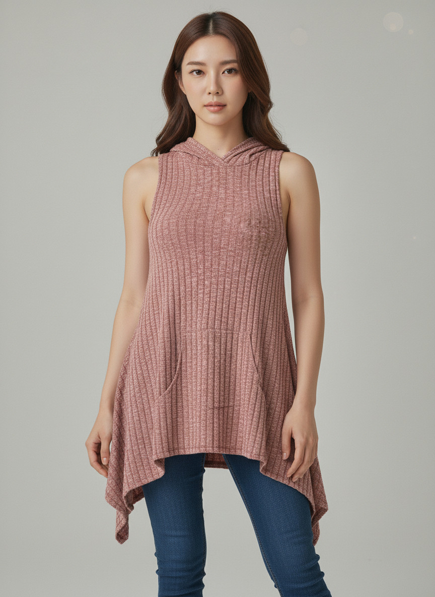 Sleeveless Hooded Knit Tunic Top – Pink