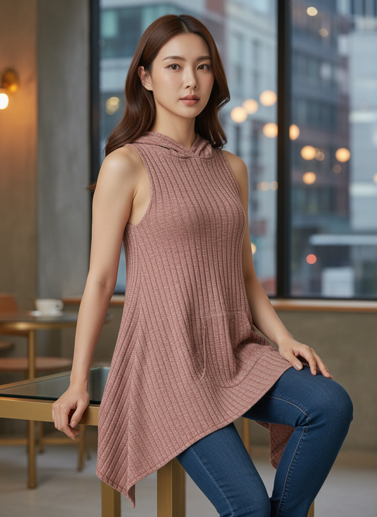 Sleeveless Hooded Knit Tunic Top – Pink